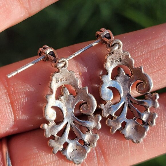 Vintage 925 sterling silver Art Deco ornate marcasite adorned unique earrings - Picture 3 of 16